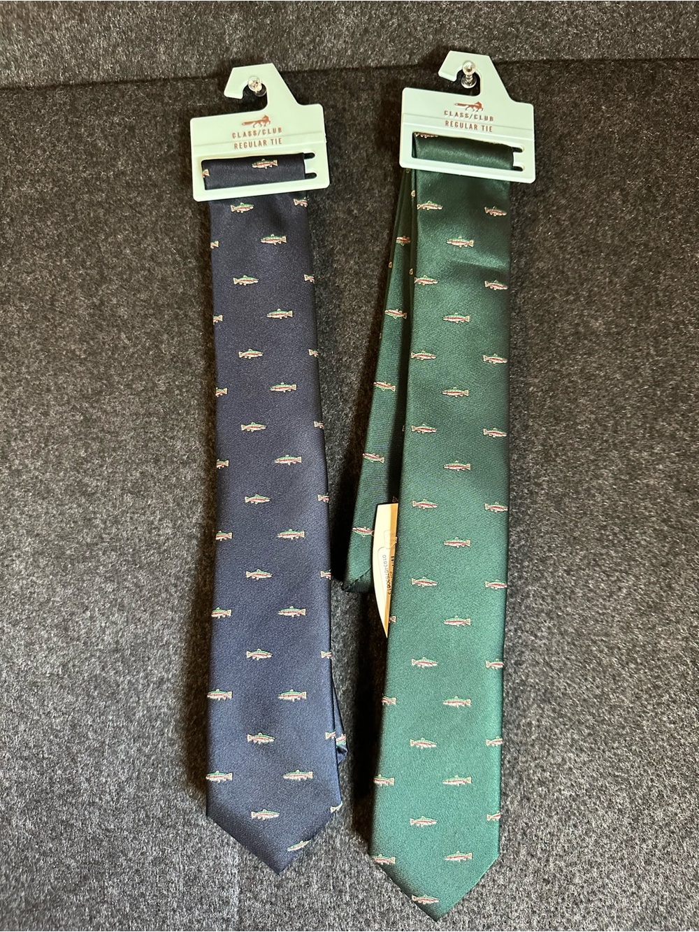 Lot of 2 Class Club Youth Ties Navy Blue Green Rainbow Trout Fish Print